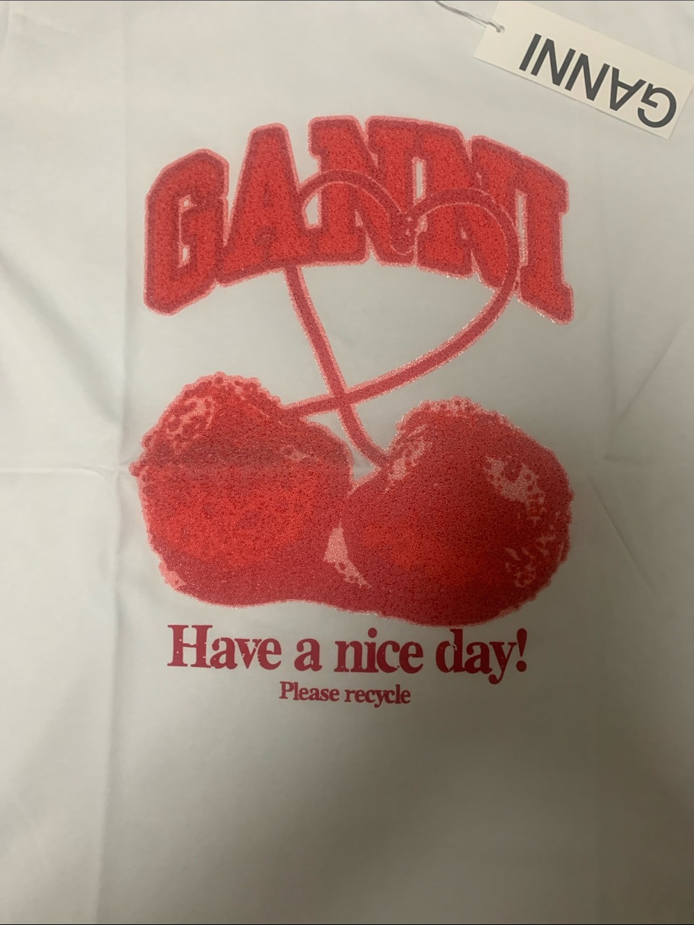 Ganni White Graphic short Sleeve T-shirt Red cherry Hear Print Have a nice day - Picture 2 of 6